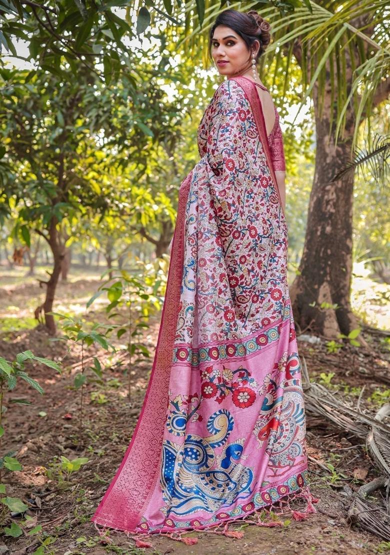Pink Floral Tussar Saree Set