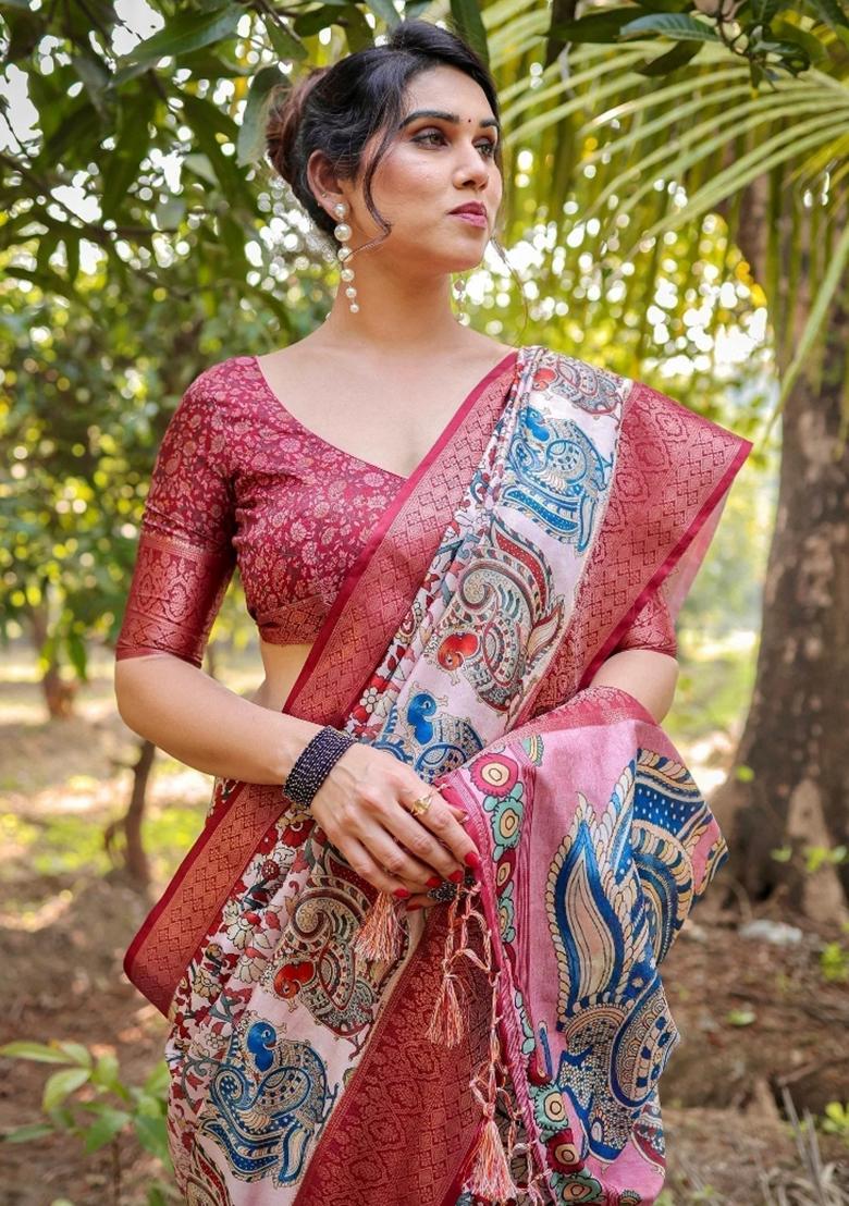 Pink Floral Tussar Saree Set