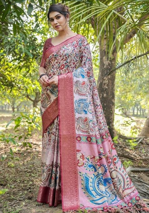 Pink Floral Tussar Saree Set