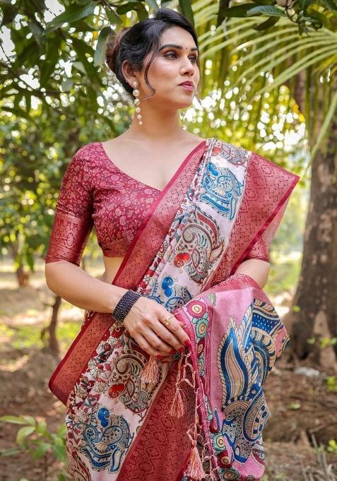 Pink Floral Tussar Saree Set