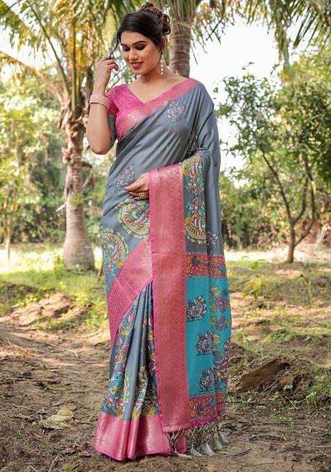 Grey Floral Tussar Saree Set
