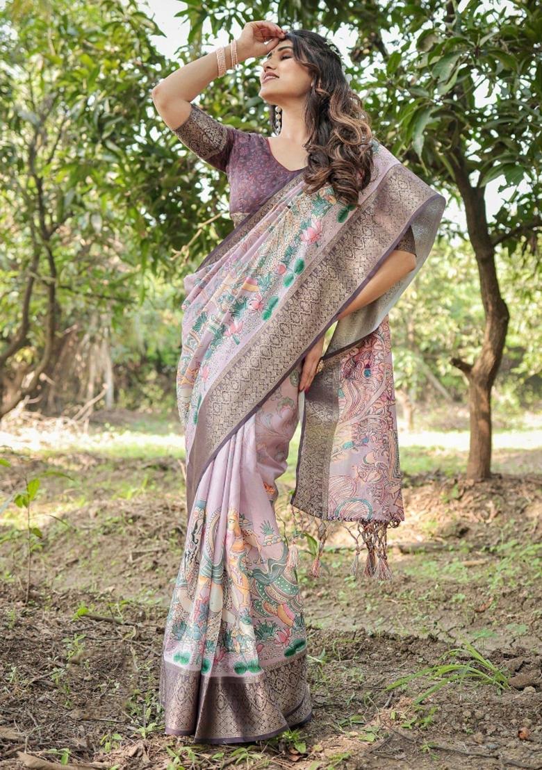 Lilac Floral Tussar Saree Set