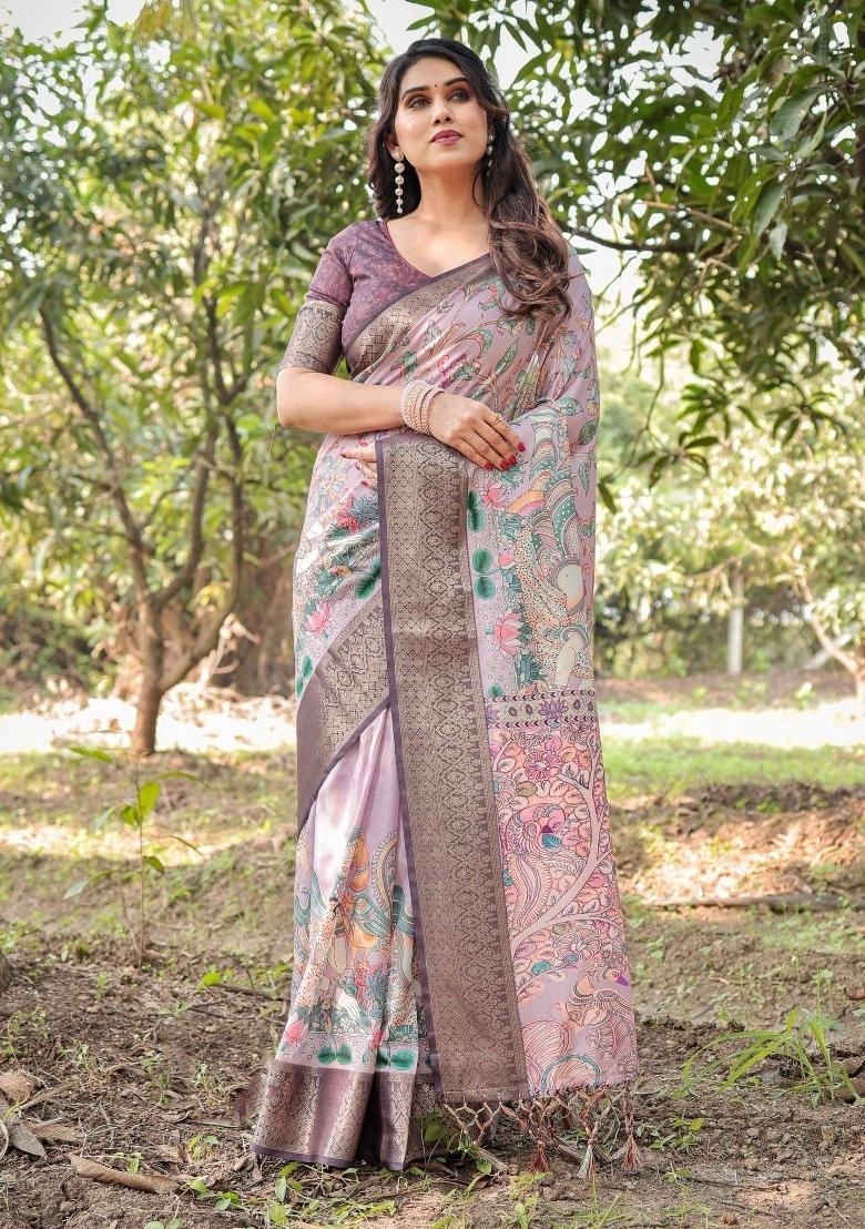 Lilac Floral Tussar Saree Set