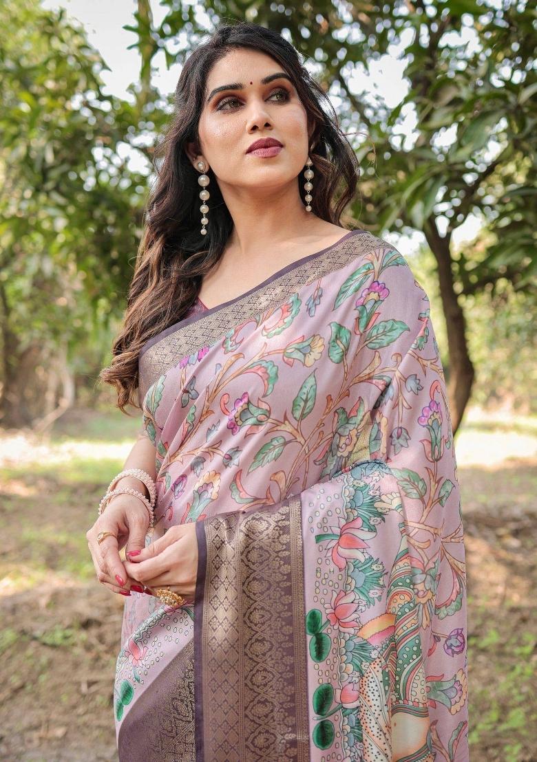 Lilac Floral Tussar Saree Set