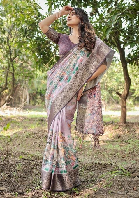 Lilac Floral Tussar Saree Set