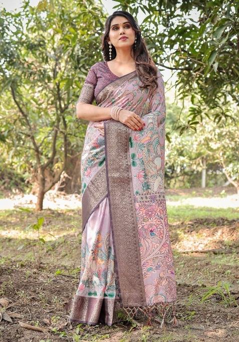 Lilac Floral Tussar Saree Set