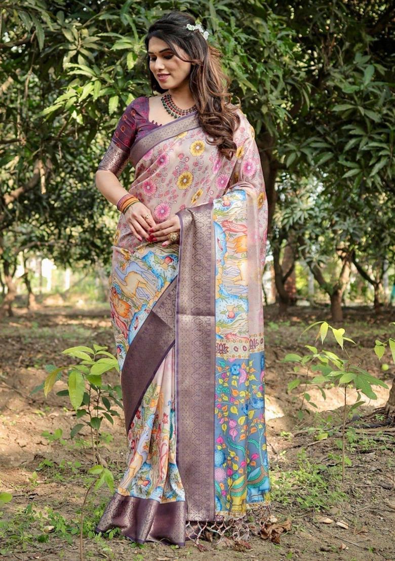 Beige Floral Tussar Saree Set - Indya