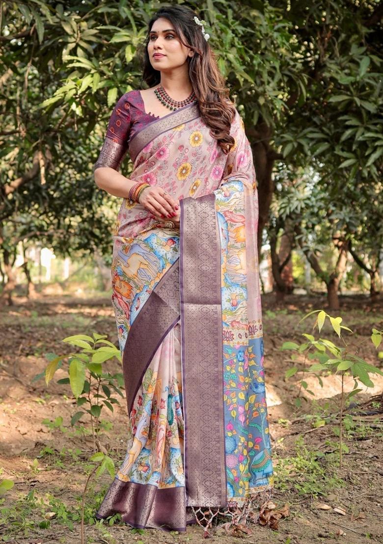 Beige Floral Tussar Saree Set - Indya