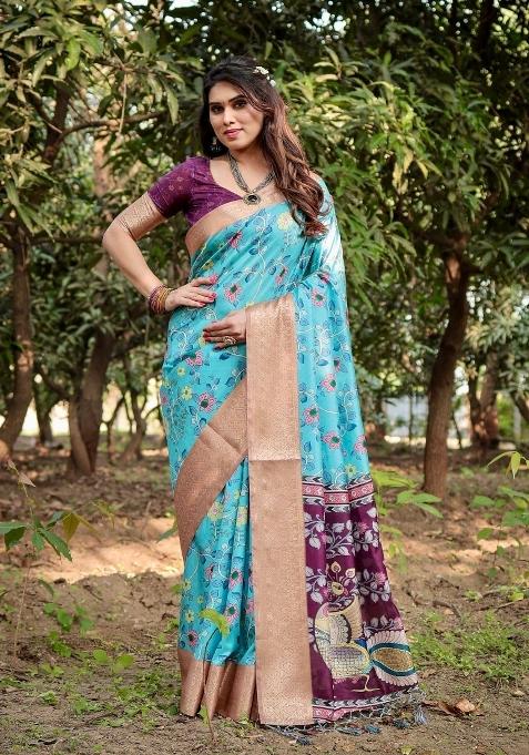 Blue Floral Tussar Saree Set