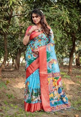 Blue Floral Tussar Saree Set