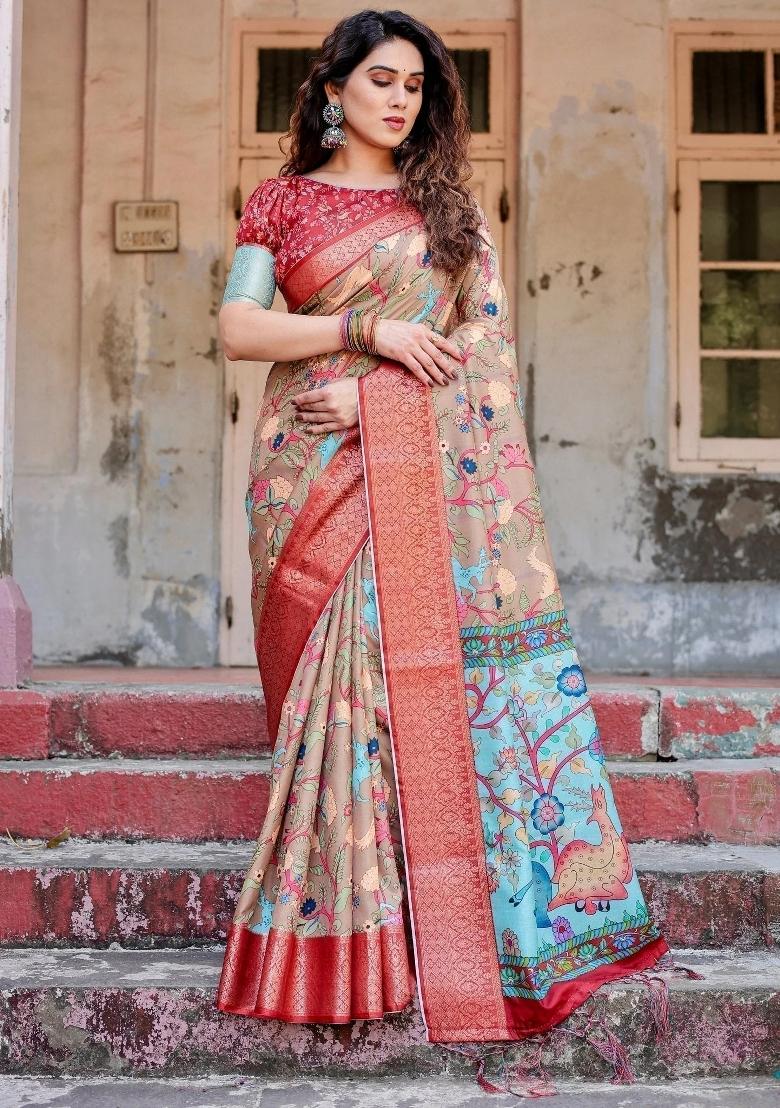 Beige Floral Tussar Saree Set