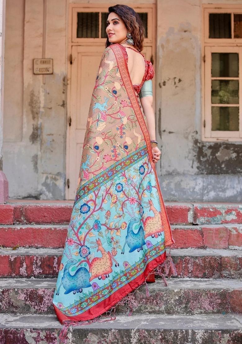 Beige Floral Tussar Saree Set