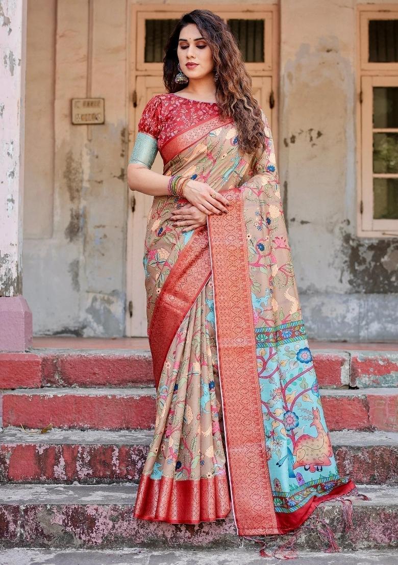 Beige Floral Tussar Saree Set