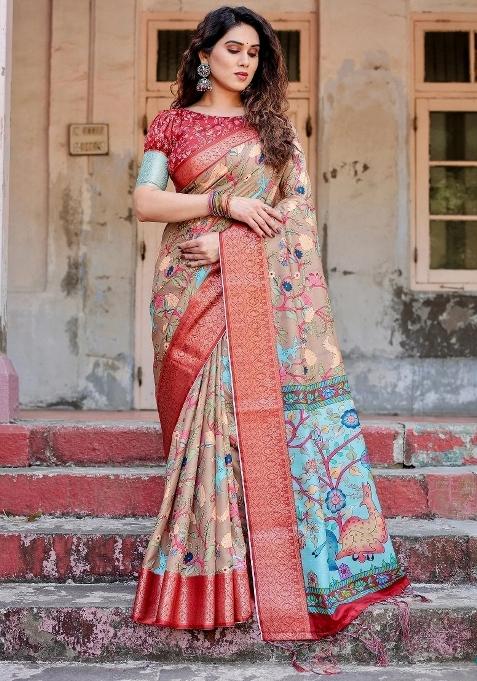 Beige Floral Tussar Saree Set