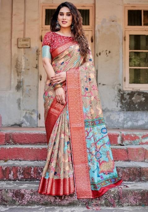Beige Floral Tussar Saree Set