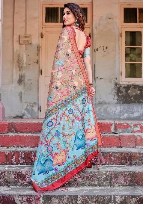 Beige Floral Tussar Saree Set