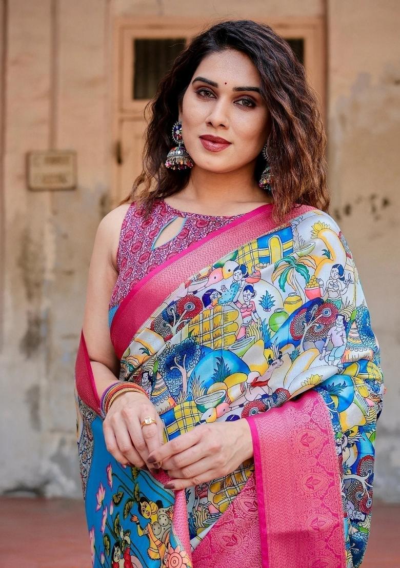 Multicolor Floral Tussar Saree Set - Indya