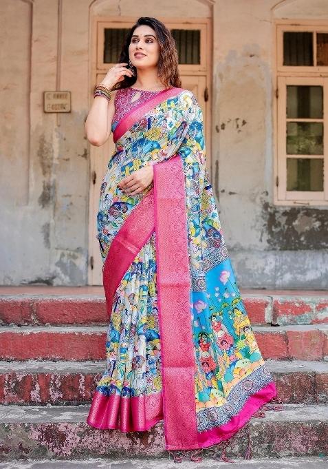 Multicolor Floral Tussar Saree Set