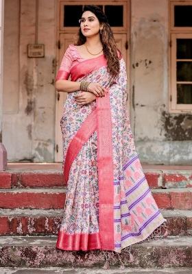 Pink Floral Tussar Saree Set