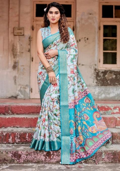 Blue Floral Tussar Saree Set