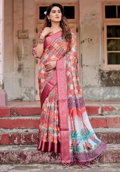 Maroon Floral Tussar Saree Set