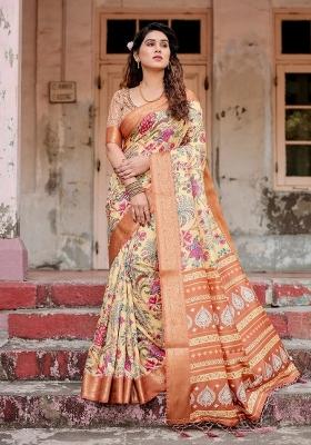 Beige Floral Tussar Saree Set