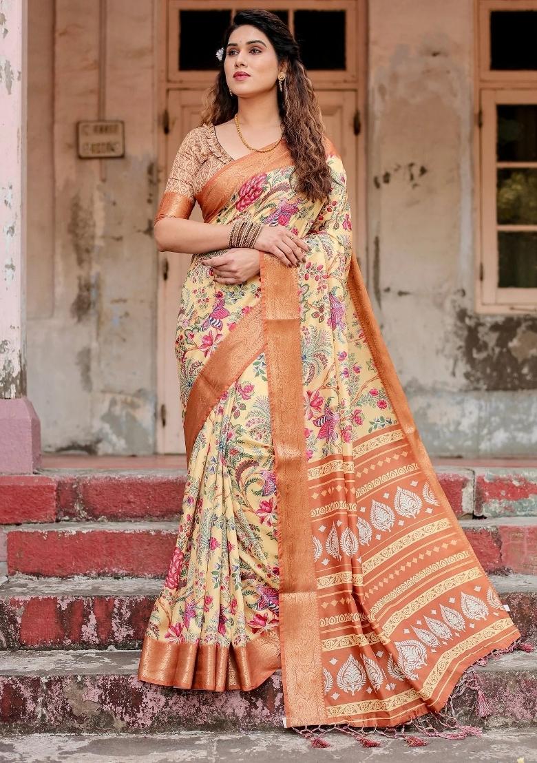 Beige Floral Tussar Saree Set