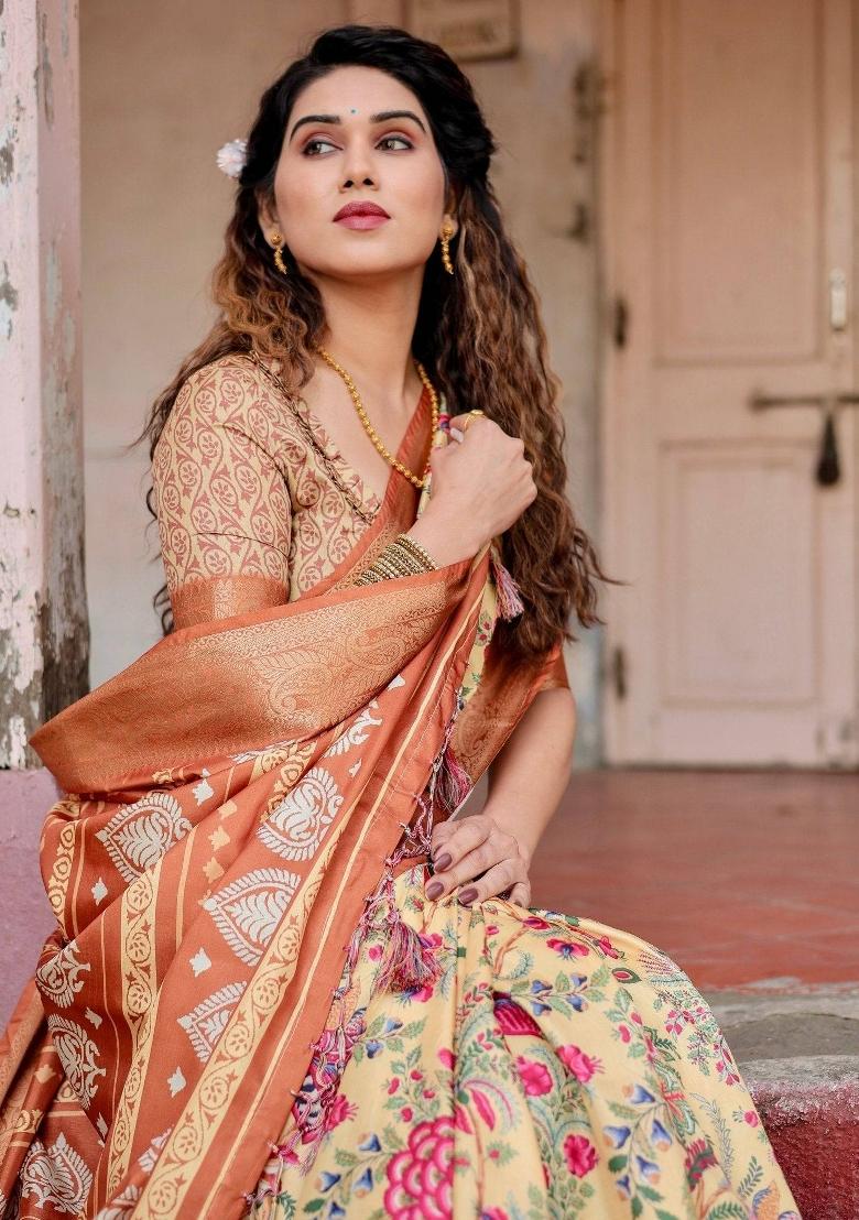 Beige Floral Tussar Saree Set