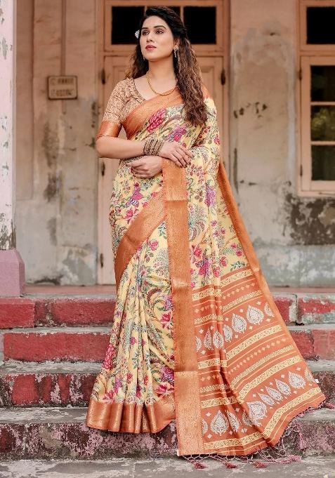 Beige Floral Tussar Saree Set