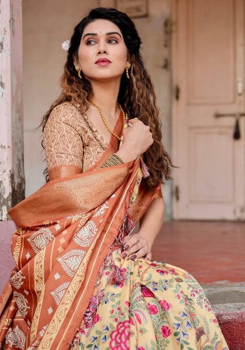 Beige Floral Tussar Saree Set