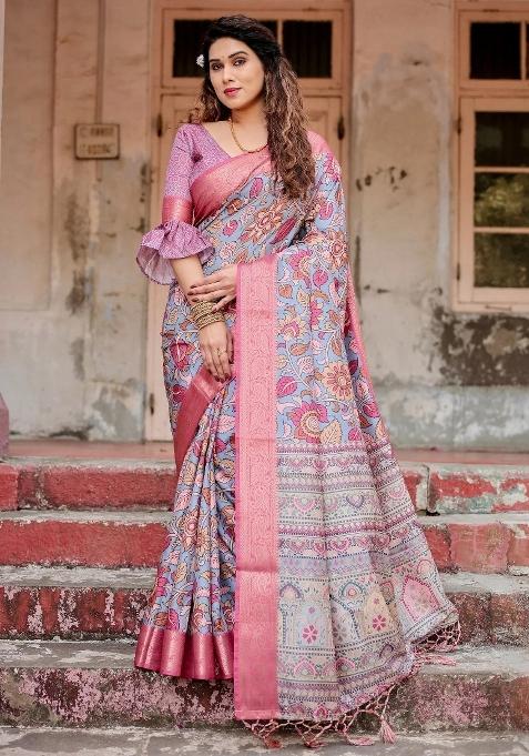 Grey Floral Tussar Saree Set
