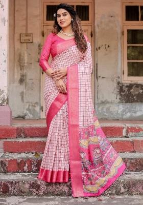 Pink Floral Tussar Saree Set