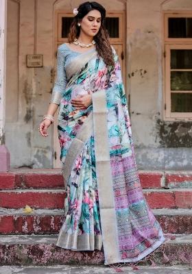 Multicolor Floral Tussar Saree Set