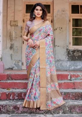 Grey Floral Tussar Saree Set