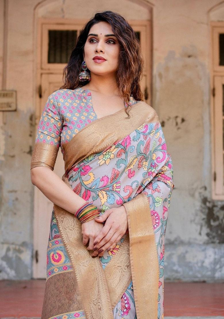 Grey Floral Tussar Saree Set - Indya