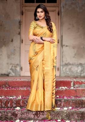 Yellow Floral Tussar Saree Set