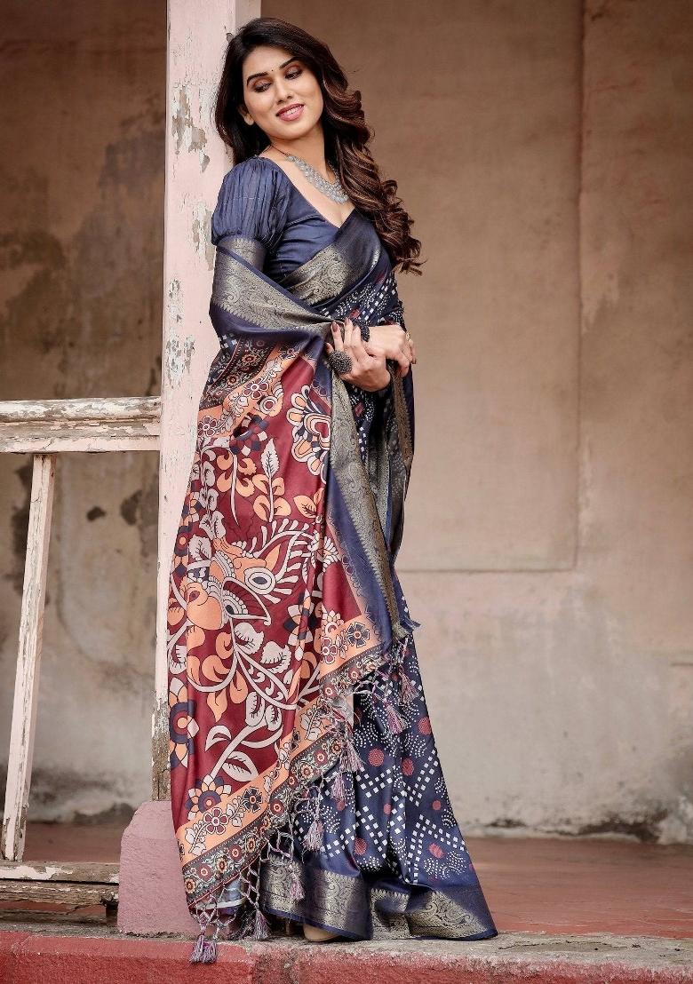 Blue Floral Tussar Saree Set