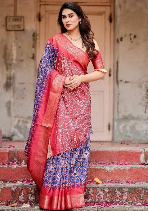 Blue Floral Tussar Saree Set