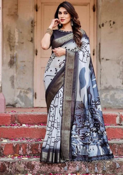 Blue Floral Tussar Saree Set