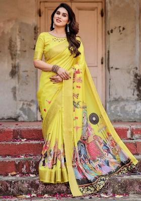 Yellow Floral Tussar Saree Set