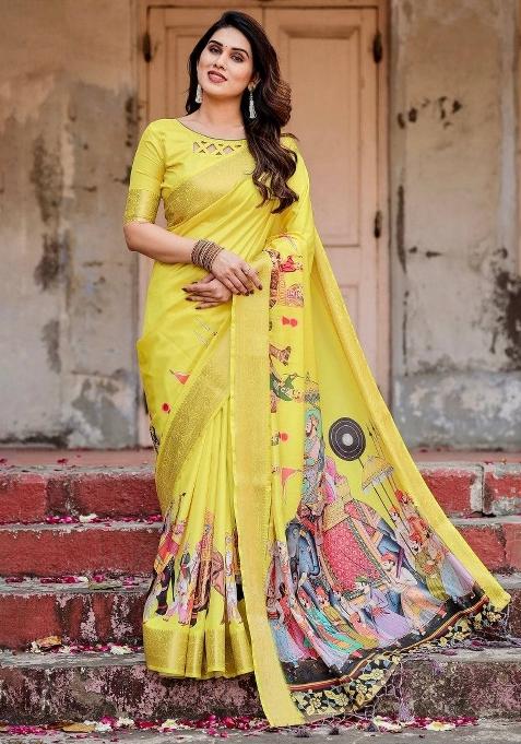 Yellow Floral Tussar Saree Set
