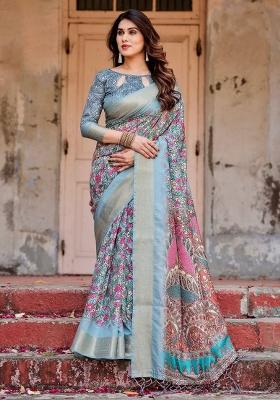 Blue Floral Tussar Saree Set
