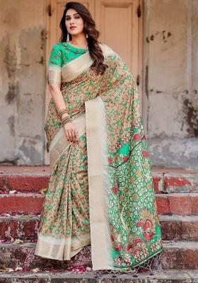 Green Floral Tussar Saree Set