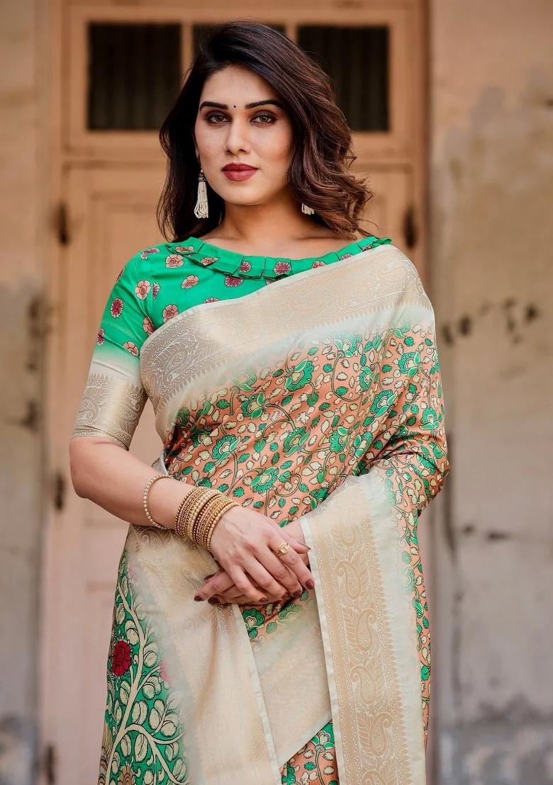 Green Floral Tussar Saree Set - Indya