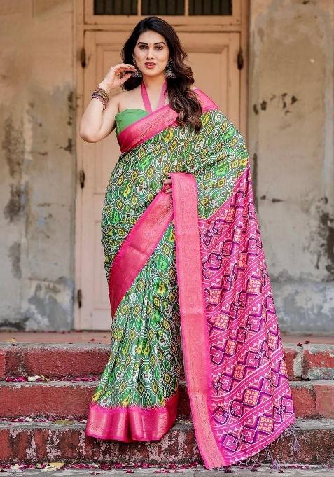 Green Floral Tussar Saree Set