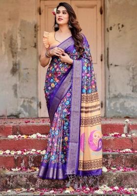 Purple Floral Tussar Saree Set