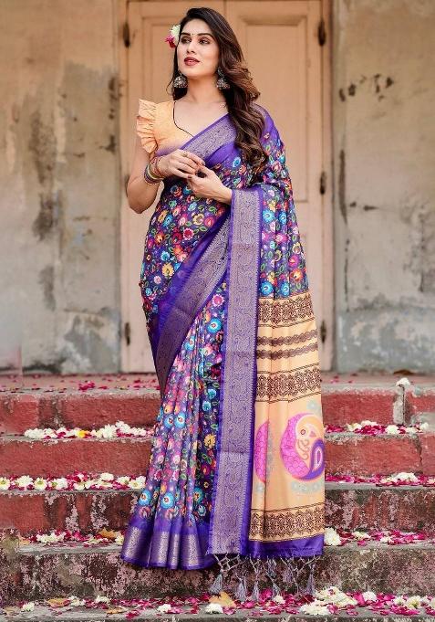 Purple Floral Tussar Saree Set