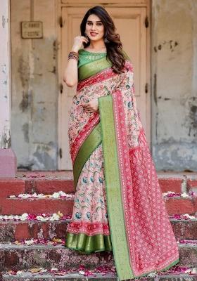 Pink Floral Tussar Saree Set