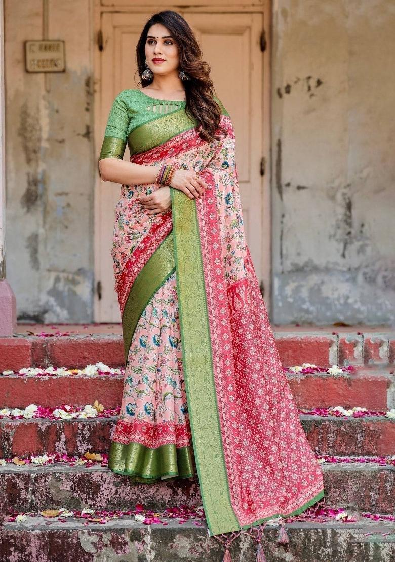 Pink Floral Tussar Saree Set