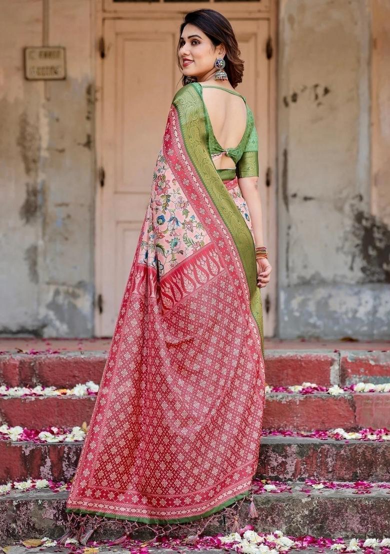 Pink Floral Tussar Saree Set